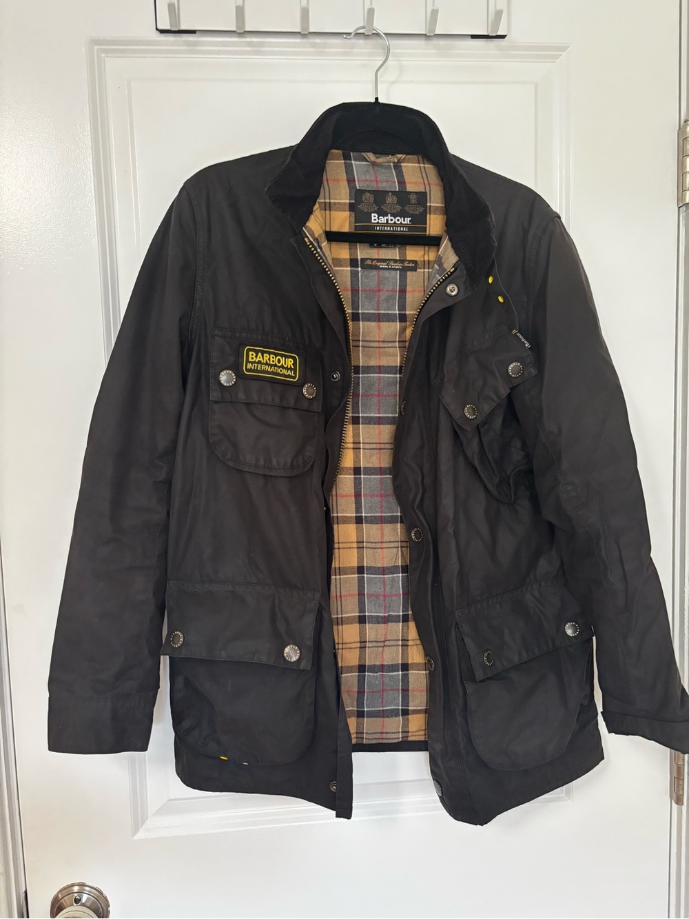 Barbour Black Waxed Cotton Field Jacket with Tartan Lining